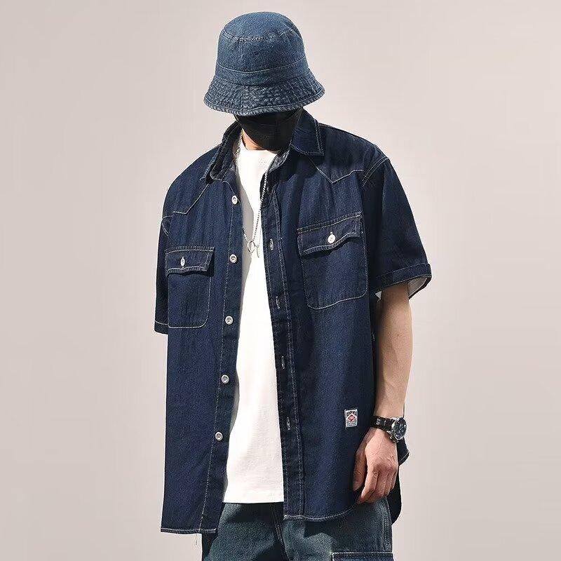 Japanische Retro-Modemarke, Sommer, lockeres Denim-Kurzarmhemd, künstlerisches Jugend-Arbeitshemd, mehrlagige Jacke für Herren und Damen