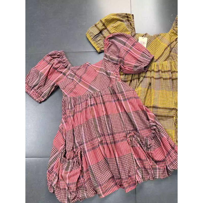Foreign Trade Order Ent * O French style Retro Plaid Square-Cut Collar Twill Puff sleeve Waist Hugging A Word Swing Dress Women