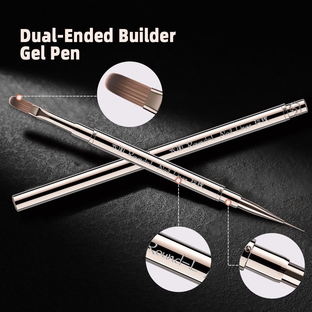 Dual-Ended Nail Art Brush Set: Long Builder & Round Gel Polish Pen with Liner Brush for Shaping and Application.