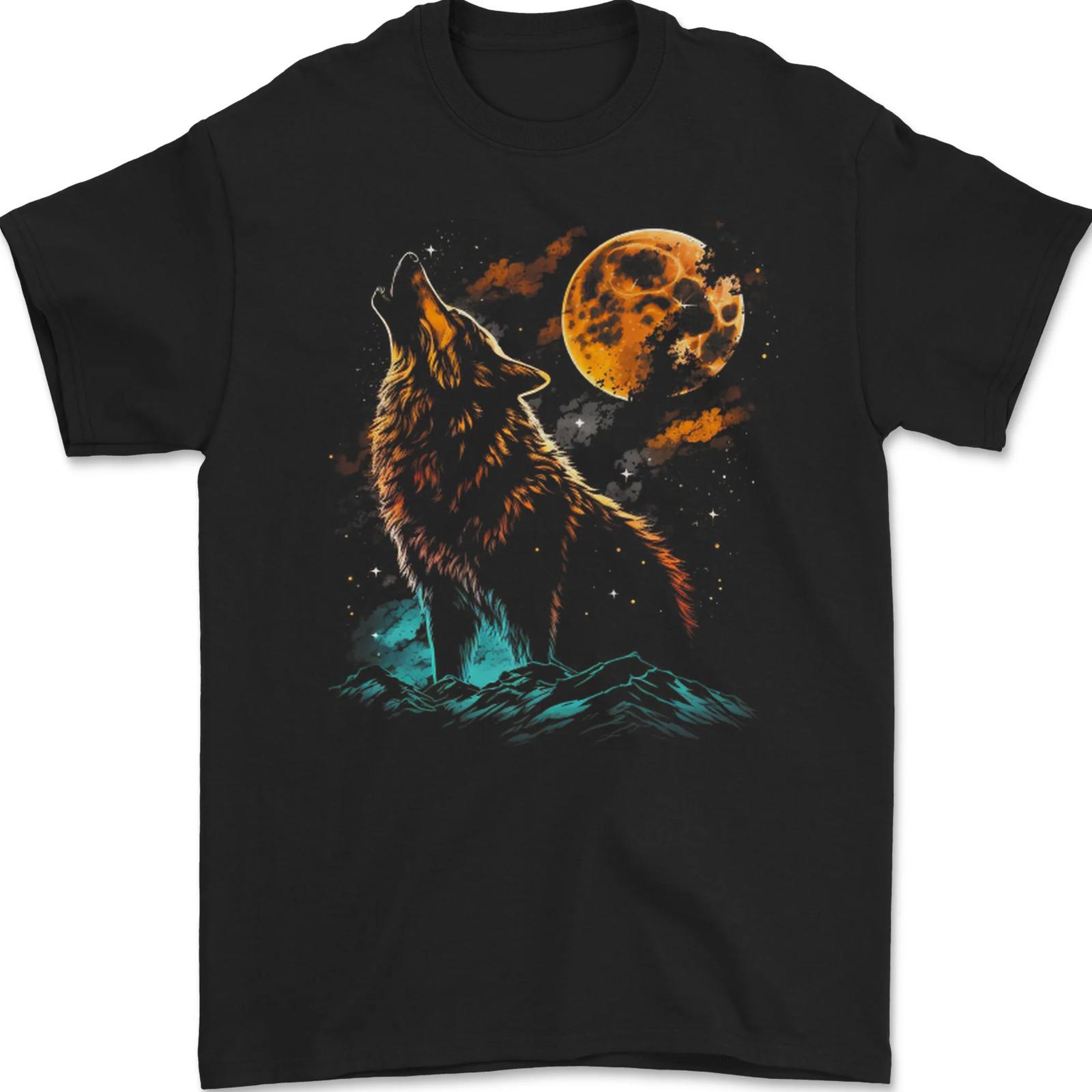 26 A Wolf Howling With the Moon at Night Mens T-Shirt 100% Cotton Unisex T-Shirt M