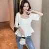 New 2022 Summer Vintage Elegant Women Chiffon Blouses Casual Mid Sleeve Blusas Femme Spuare Collar Solid Shirts Female Tops