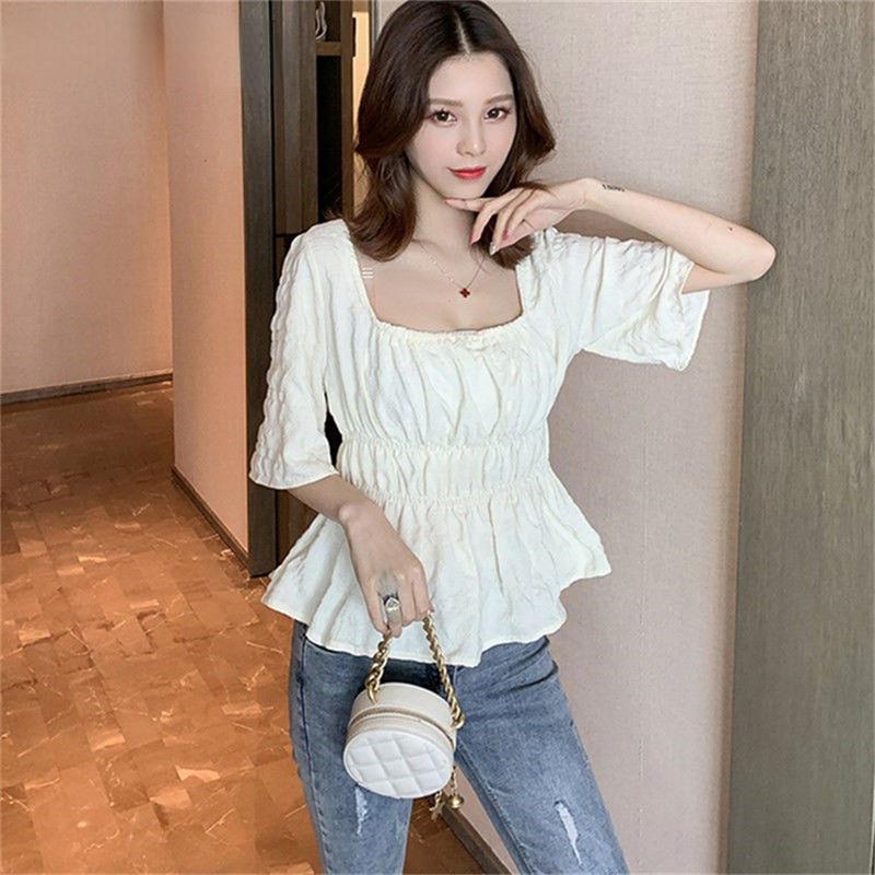 New 2022 Summer Vintage Elegant Women Chiffon Blouses Casual Mid Sleeve Blusas Femme Spuare Collar Solid Shirts Female Tops