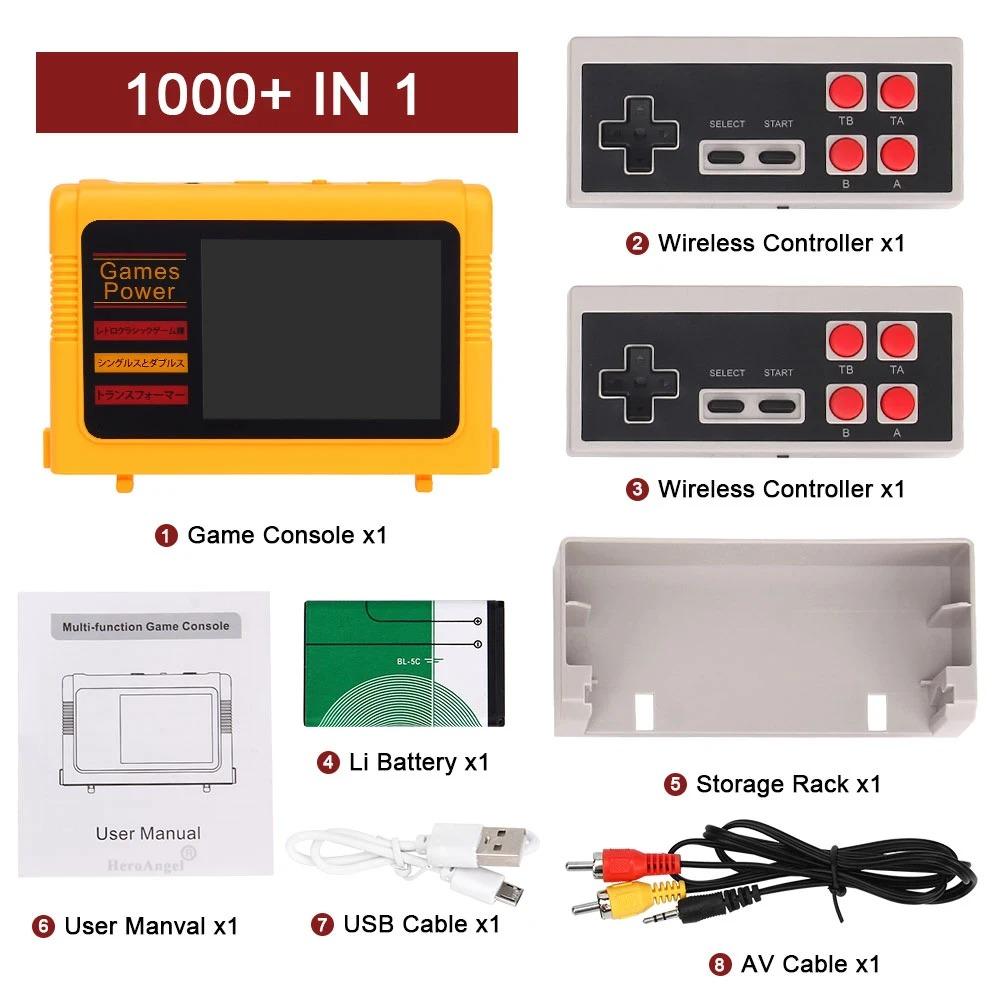 Retro Game Console 3'' Screen, Built-in 1000 Classic Games and 2 Wireless Controllers, Support TV Connection & Double Play, Handheld Cassette Game