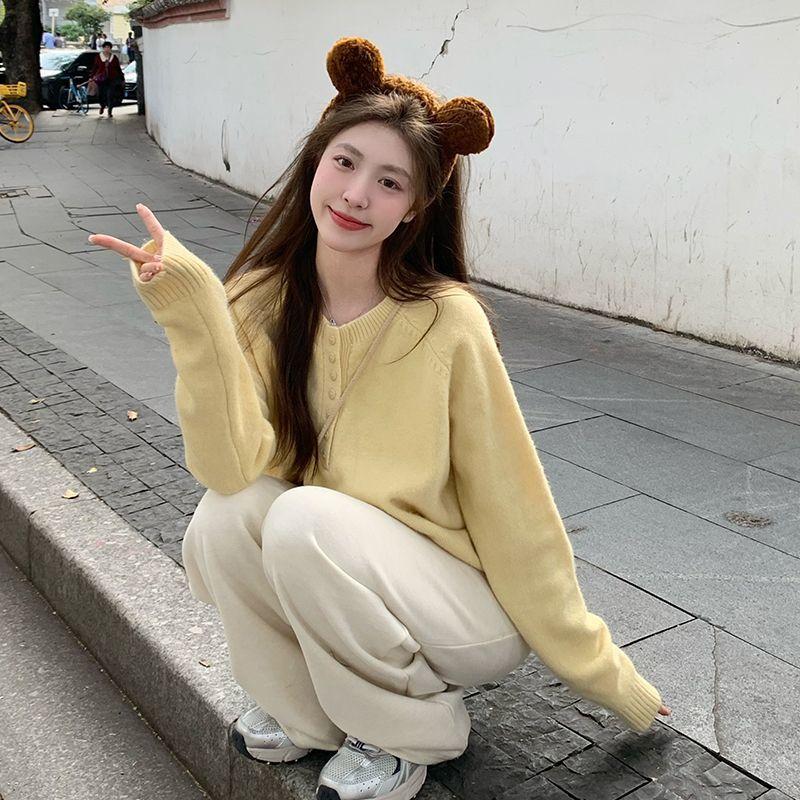 New Women Knit Pullover Sweater Fall Winter Soft Yellow Lazy Style Casual Round Neck Tops