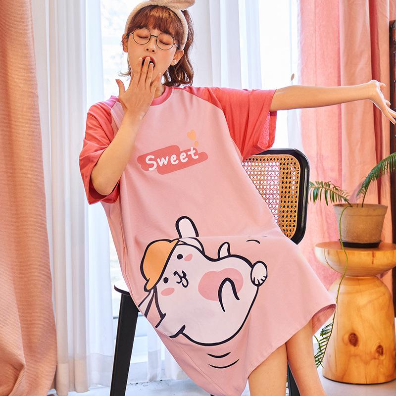 

Милая хлопковая летняя ночная рубашка с рисунком для женщин – свободный крой, короткий рукав, корейский стиль, юбка средней длины 3XL