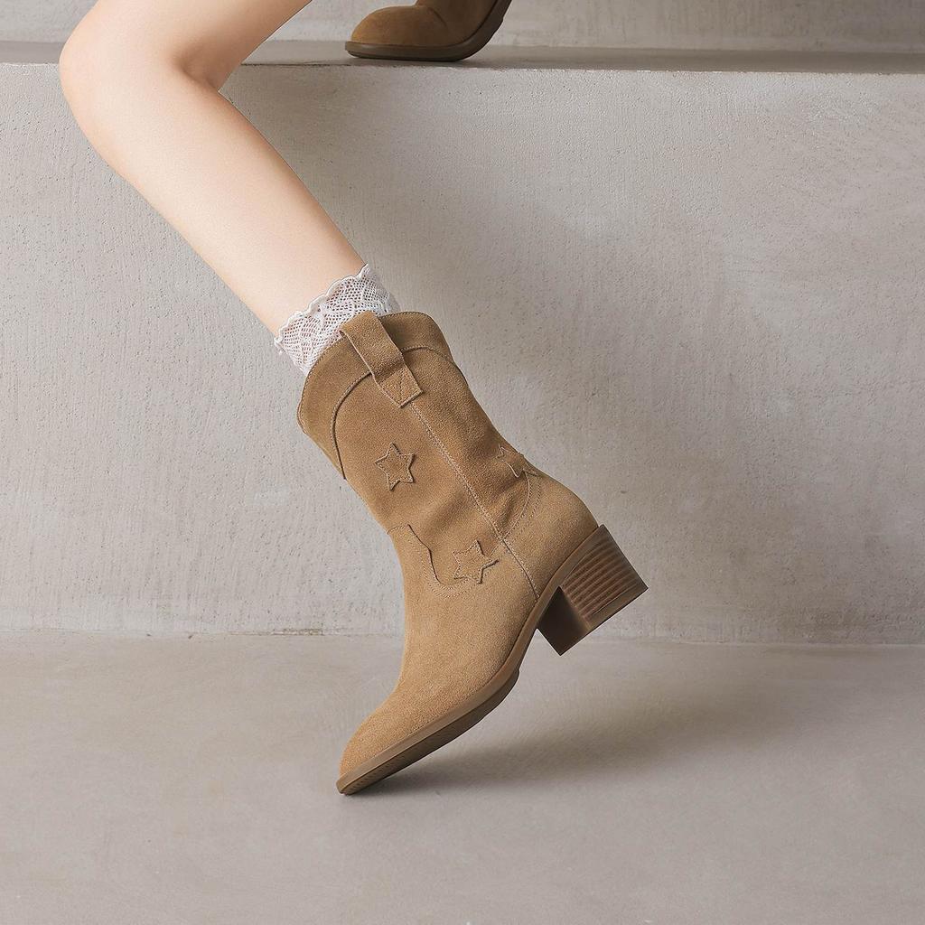 Krazing Pot Cow Suede Nubuck Winter Round Toe Modern Boots Med Heels Slip On Five-Star Decoration Women Mid-calf Boots
