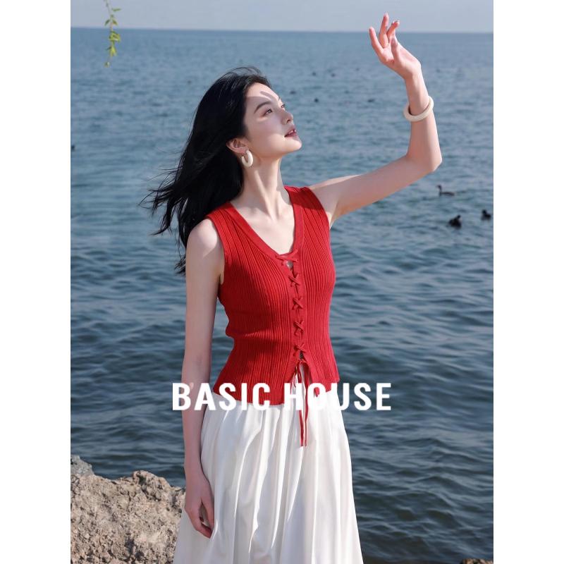 Basic House V-Neck Strappy Camisole Top M красный