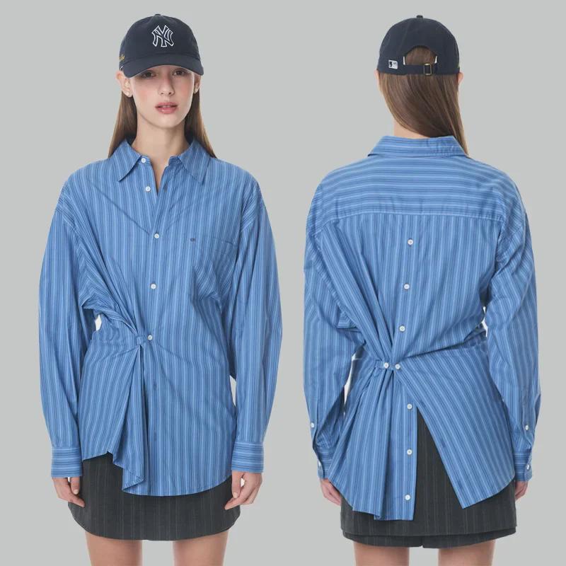 "Versatile Korean GR*VE Mid-Length Shirt with Back Split & Button Details + Striped Elastic Casual Shorts"