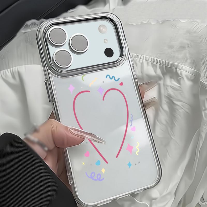 Silky Love Hearts Pattern Case For iPhone 17 Pro Max Plating Lens Frame Clear Soft Cover For iPhone 16 15 14 13 Pro Max 11 16E 17E