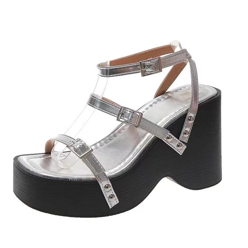 Fashion Narrow Band Platform Women Silvery Sandals Casual Shoes Summers Party Dress Wedges Heel Sandalias