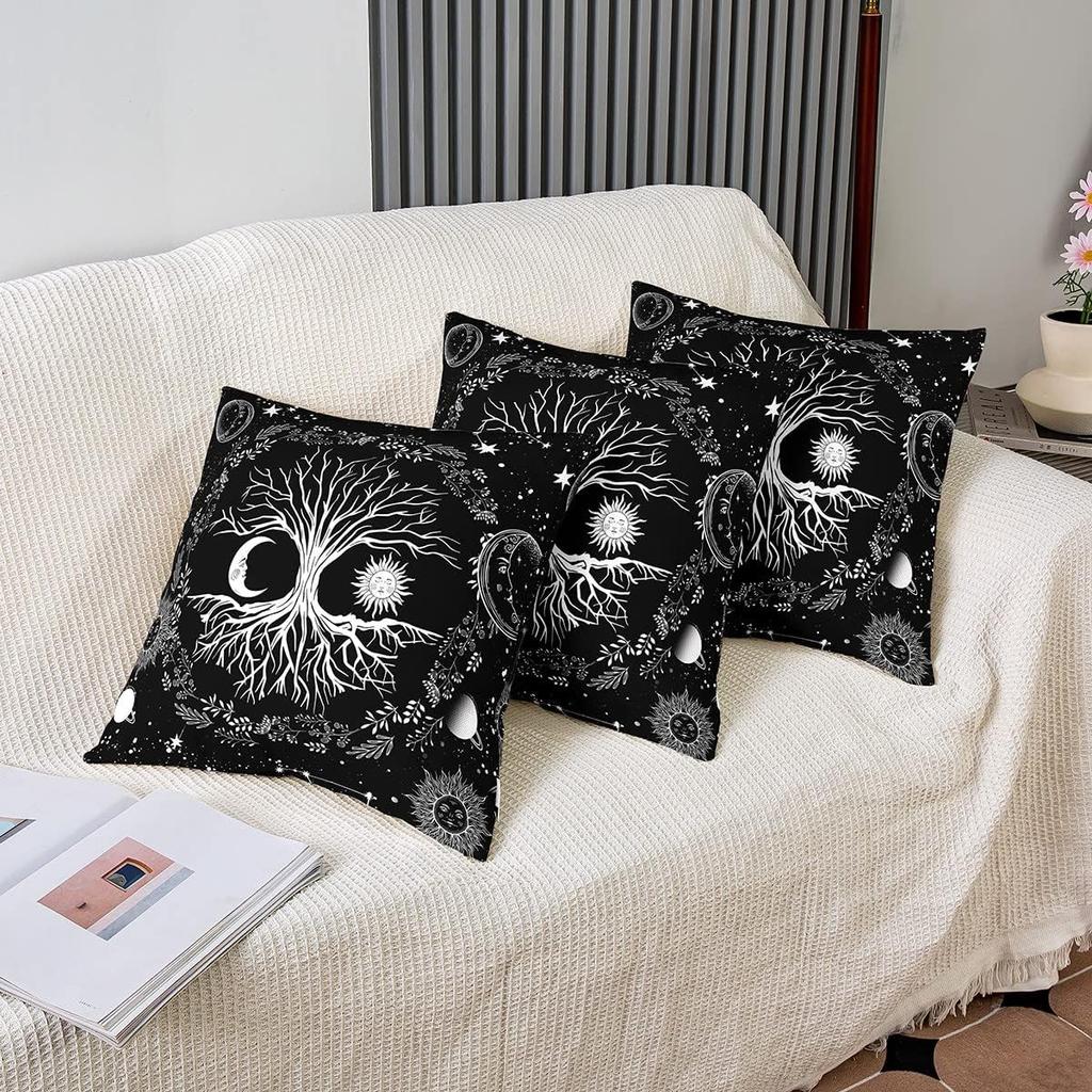 Set of 2 Tree Of Life Throw Pillow Covers 18x18 Sun And Moon Pillow Covers Kids Teens Bedroom Decor Black And White Cushion Covers Gothic Bohemian