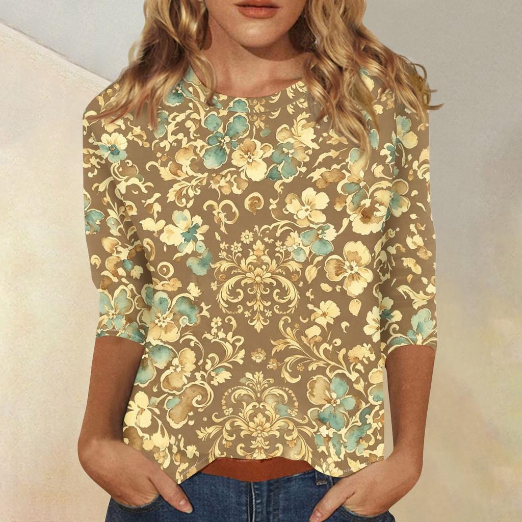 Women's Casual Floral Print Three Quarter Sleeve Top Round Neck Blouse Lightweight Comfortable Fit Suitable for Everyday Wear
