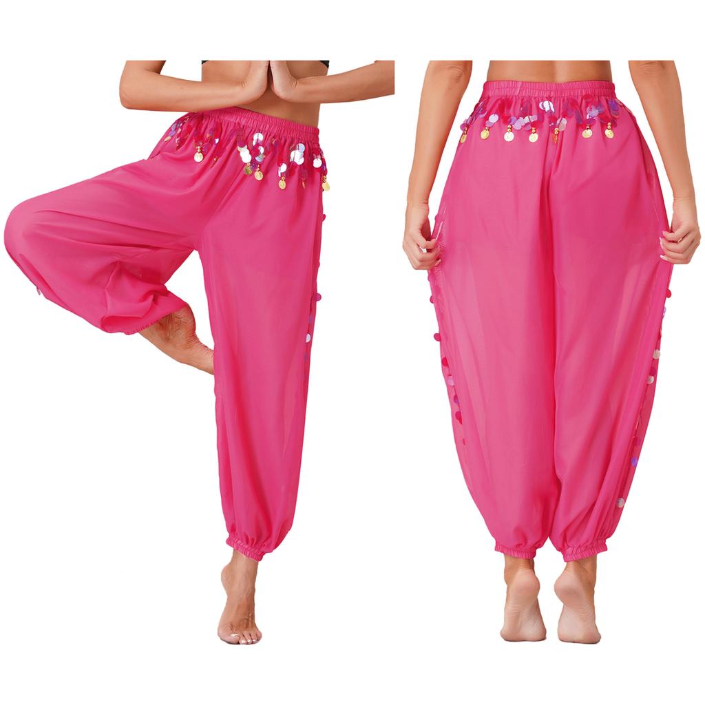 Bauchtanz-Kostüm für Damen, Laternenhose, seitlich geteilte Pailletten, glänzende Haremshose, arabische Halloween-Hose