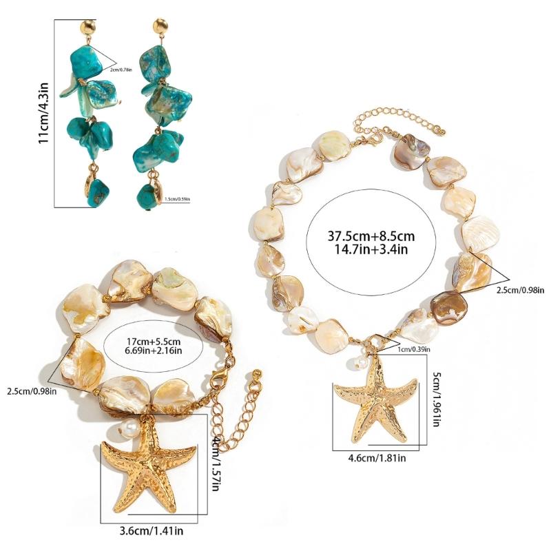 Ocean Inspired Starfish And Shell Pendant Necklace/Bracelet/Earrings With Pearlescents Accent For Beachwears
