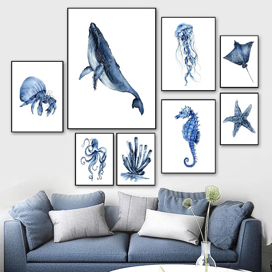 Balena Delfino Granchio Pesce Polpo Cavalluccio Marino Corallo Oceano Poster e Stampe Pittura su Tela Arte da Parete Immagini Camera dei Bambini Decorazione per la Casa