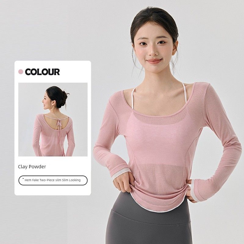 

Foreign Trade Loose Casual High Sense Yoga Clothes Hem Contrast Color Light Breathable Sexy Backless Long sleeve Sports Cover up Clay Powder S