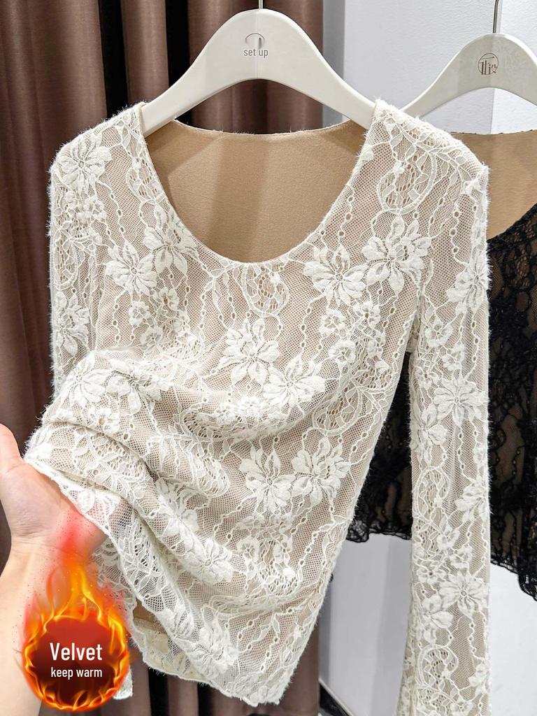 Spicy Girl Lace Fleece Long-Sleeve Top: Warm, Fashionable, Sexy Jacquard Design