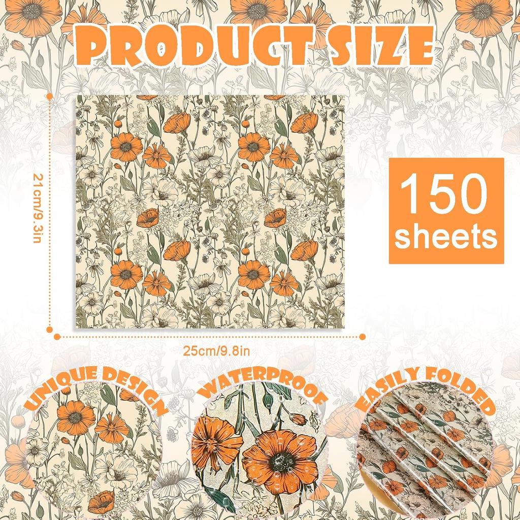 150 Sheets Orange Wildflower Garden Floral Wax Paper for Food Deli, 9.8'' x 8.3'' Retro Floral Greaseproof Deli Paper for Sandwich Picnic Basket