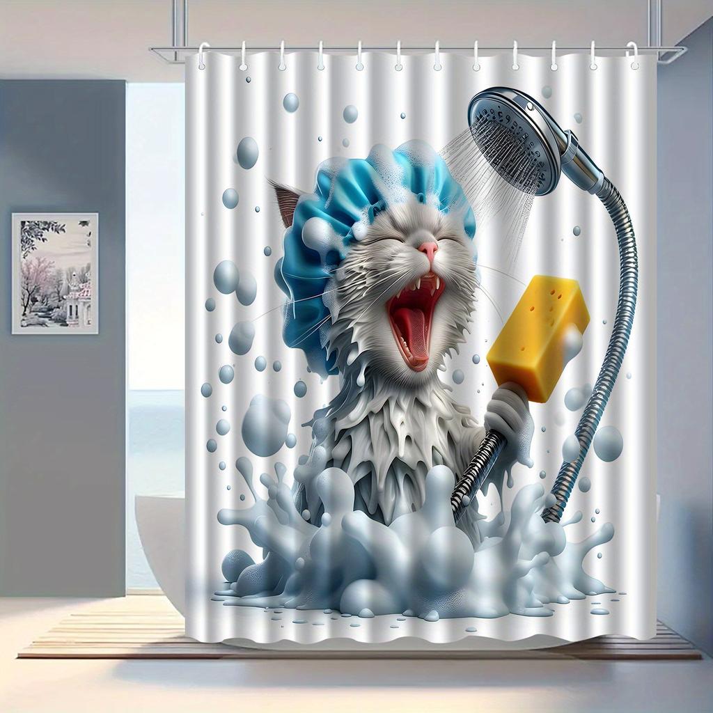 1pc Funny Bathing Cat Shower Curtain - High Quality Bathroom Decor with Hooks Bathroom Window Decoration for Cat Lovers