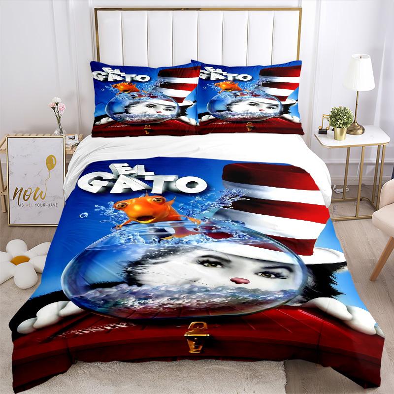 Cat Fish Print 3Pcs Bedding Set,Duvet Cover with 2 Bedro,Pillowcase Home Birthday Gift