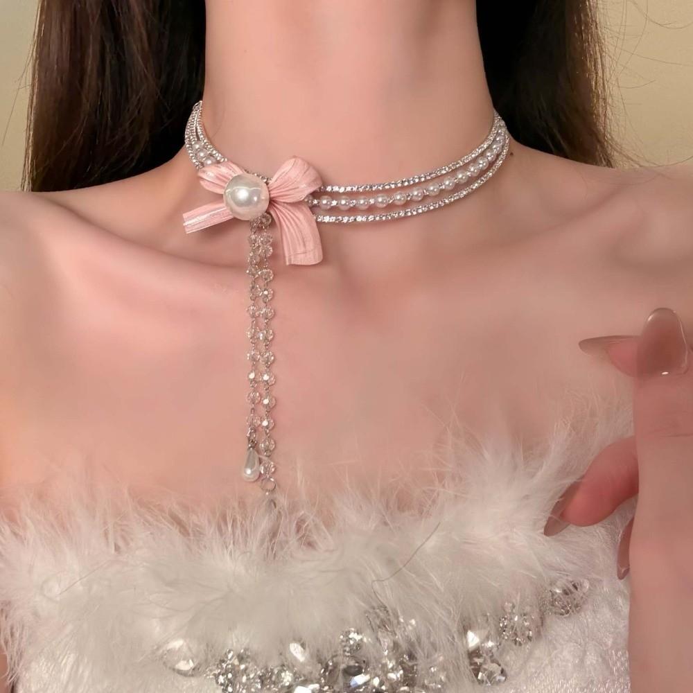 Zinc Zinc Alloy Pearls Rhinestone Choker Silver Shiny Neck Jewelry Personalized Bow Beads Necklace  Women