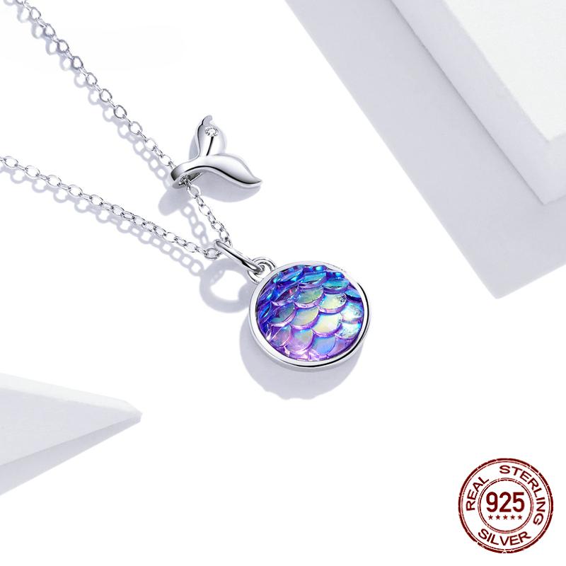 Sparkling Fishtail Scale Blue Necklace 100% 925 Sterling Silver Ocean Chain Link for Women Girl Gift Jewelry