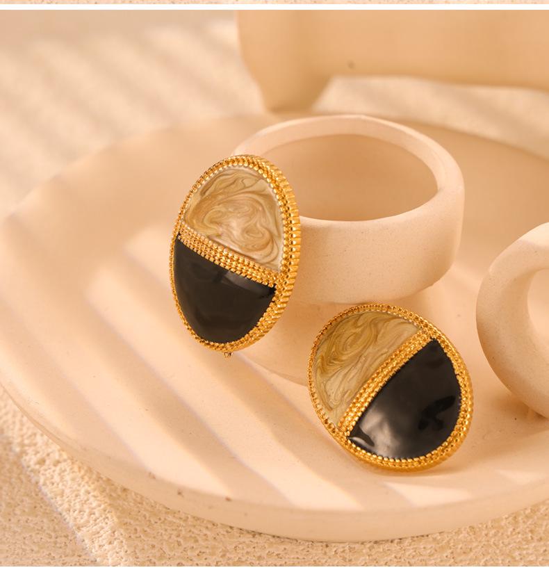 18k Gold-Plated Two-Tone Oval Button Earrings with Titanium Steel Ear Cuffs - European, American, Japanese, Korean Style.