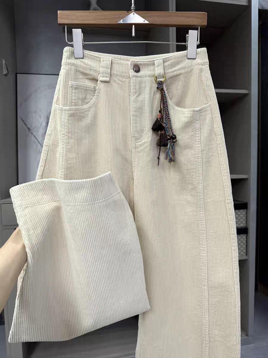 Apricot High-Waisted Corduroy Straight-Leg Pants - Korean Retro Style for Women Large