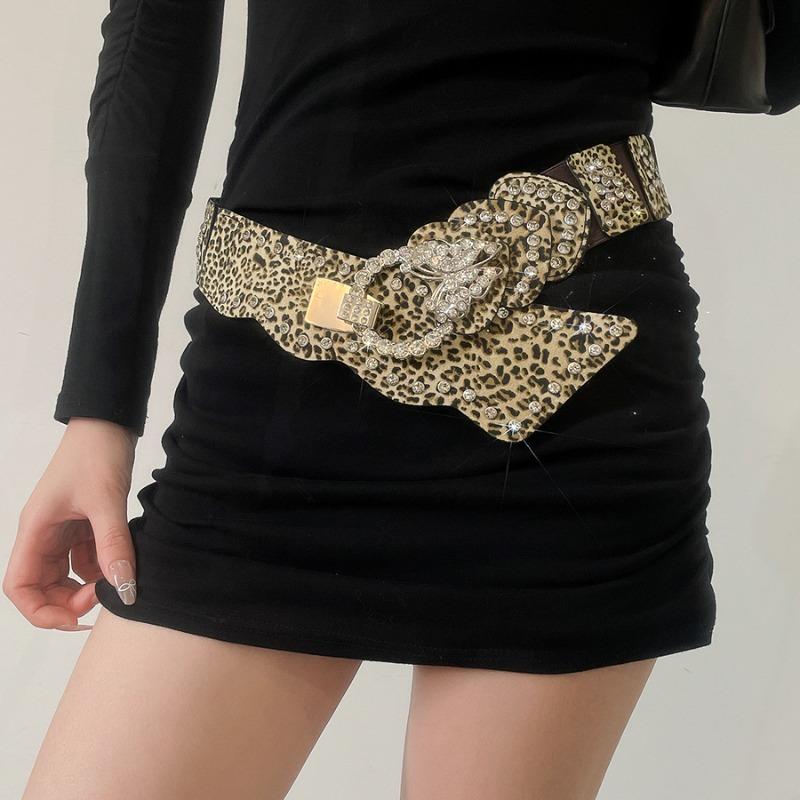 Mei Mary Super Sparkly Diamond-studded Leopard Print Leather Butterfly Patchwork Waist Chain - Vintage Ethnic Style Belt