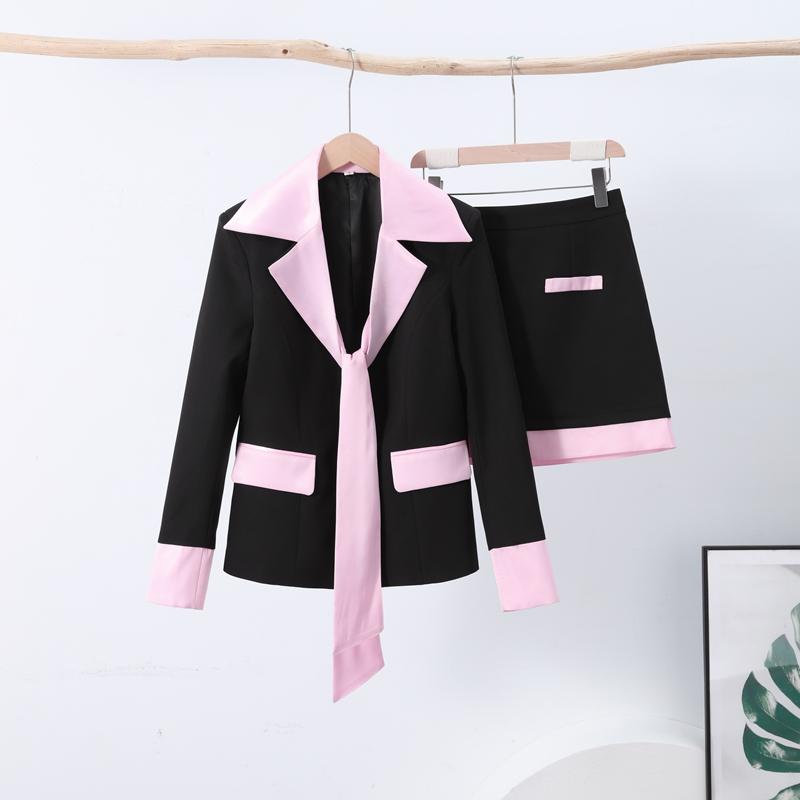 

Элегантные женские комплекты мини-юбок в стиле пэчворк, модные пиджаки с длинными рукавами и лацканами, юбки с высокой талией, милые 2025, весна-осень, новый офисный женский костюм L чёрный