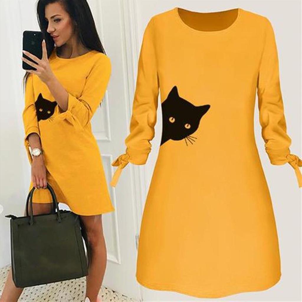 Women Fashion Printed Cat  Bow  Long Sleeve Blouse  Dress