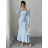 Elegant Sexy Long Sleeved Fishtail Dress Tight Fit Spring Pleated Square Collar Solid Color Party Maxi Long Dresses Evening Spring Bodycon Dress