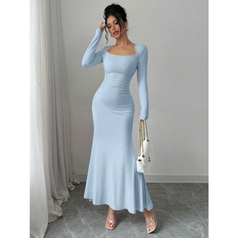 Elegant Sexy Long Sleeved Fishtail Dress Tight Fit Spring Pleated Square Collar Solid Color Party Maxi Long Dresses Evening Spring Bodycon Dress