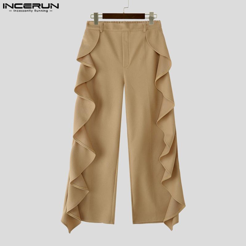 INCERUN Autumn Men Elastic Waist Irregular Ruffled Casual Long Straight Pants Trousers