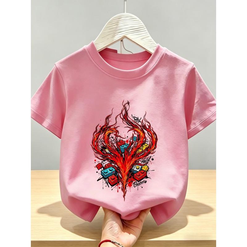 Europäische Größen Kinder-T-Shirt Lebendig und Trendig Flammen-Thema Kreativer Blockdruck, Dynamische Energie und Streetstyle Ausstrahlend. Baumwollstoff, Atmungsaktiv