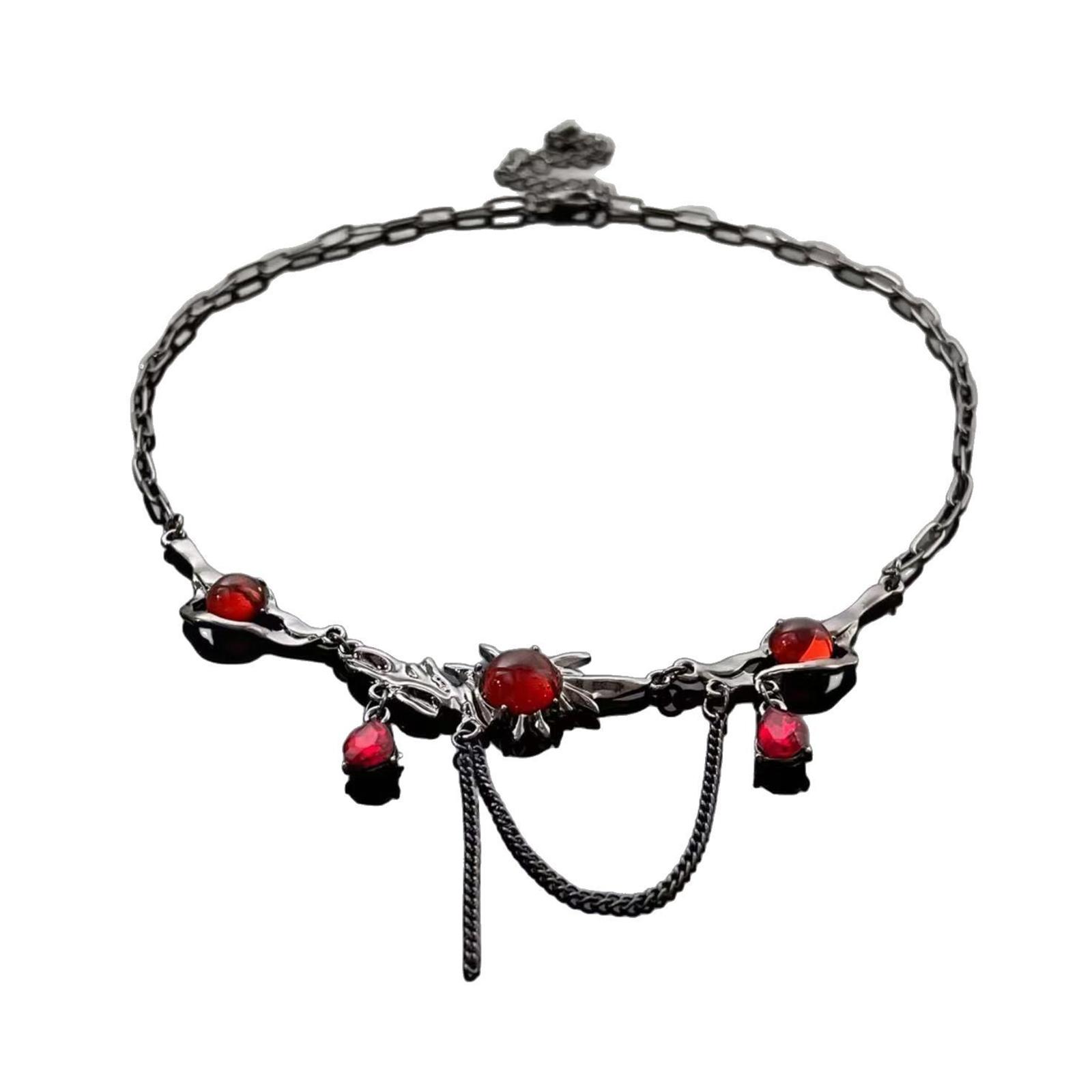 

Gothic Style Dark Red Zircon Necklace with Black Tassels Trendy Collarbone Chain Unique Neckchain Fashion Jewelry