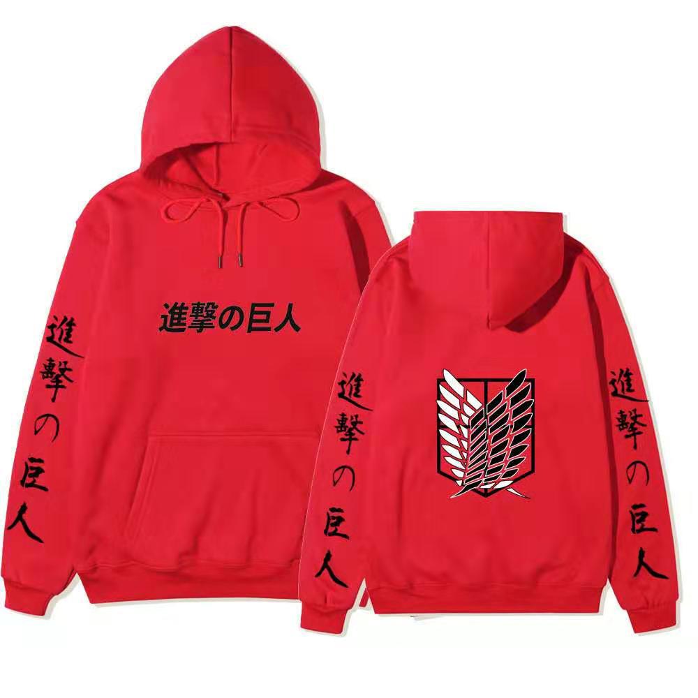 Attack on Titan Unisex Fleece Hoodie Front Japanese Text, Back Wings of Freedom Logo Autumn Winter Casual Pullover