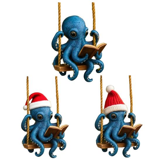 Blue Octopus Reading Christmas Ornament Festive Sea Creature Decorative Hanging Home Office Party Decor