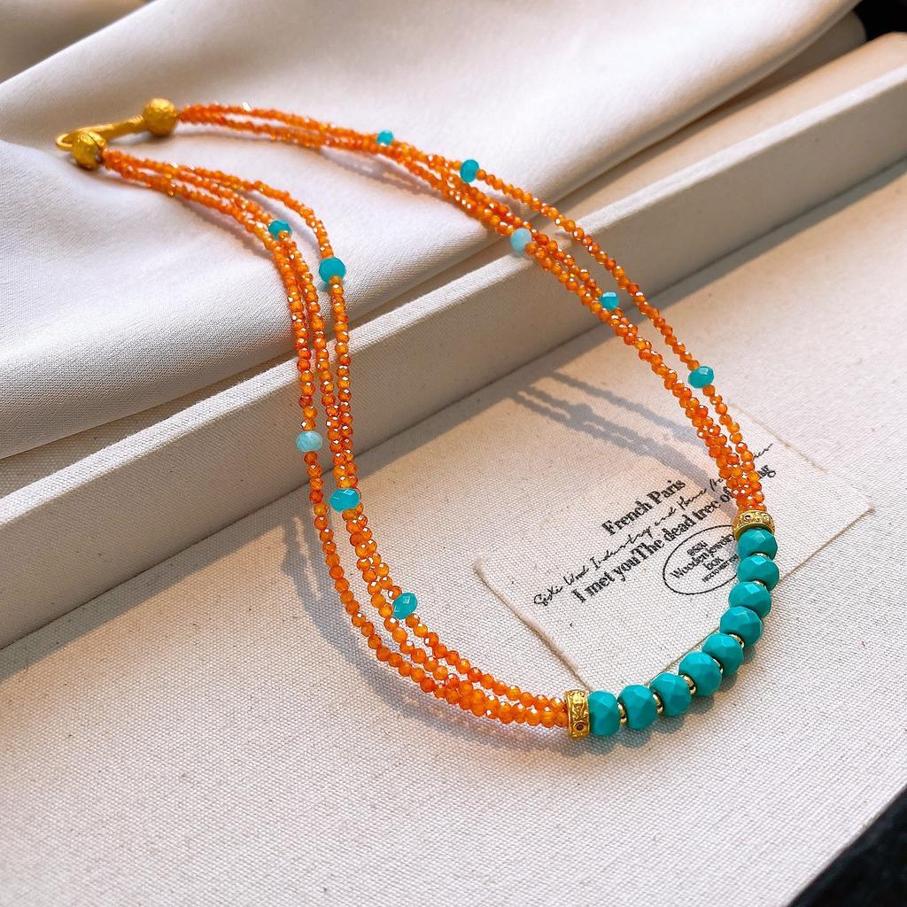 Korean fleece rope color artificial tiger's eye stone bag necklace niche design sweater chain retro necklace