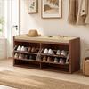 Rattan Shoe Bench with Padded Cushion and 2 Cabinets for Hidden Storage, Brown