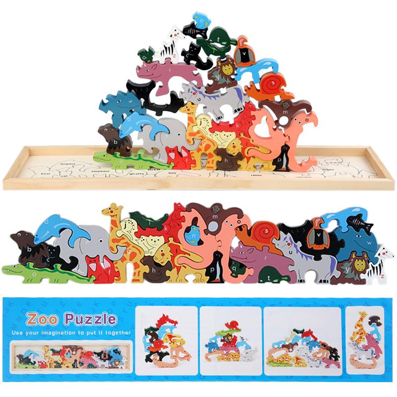 Big Wooden Animal Blocks Sensory Kids Montessori Toys Shape Matching Balance Stacking Games Fine Motor Thinking Educational Toys