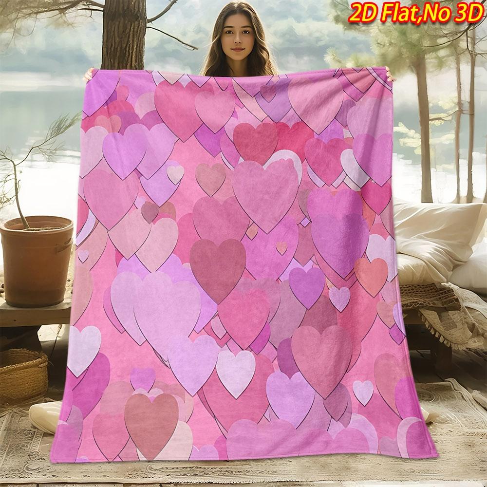 1pc 2D Flat Printing Spring And Summer New Arrival Pink Heart Theme Digital Print Blanket, All-Season Use, Casual Throw, 100% Polyester Fiber Soft And