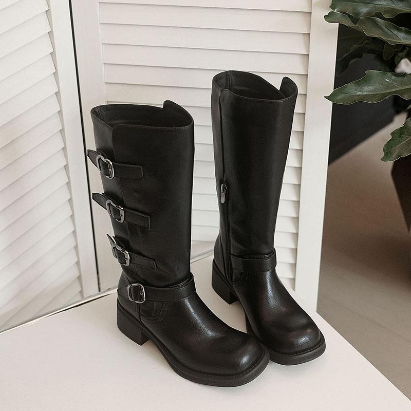 Cowhide Large Tube Circumference Medium Tube Knight Boots 2025 Autumn and Winter Thick Middle Heel Belt Buckle Round Head Cowhide Loose Boots Women