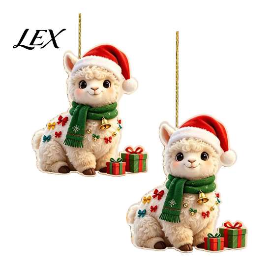 Cute Llama Xmas Gift Tags 2Pcs Christmas Alpaca Hanging Ornaments, 2D Flat Acrylic Decoration, Tree Decorations for Friends Pendants Holiday Backpack