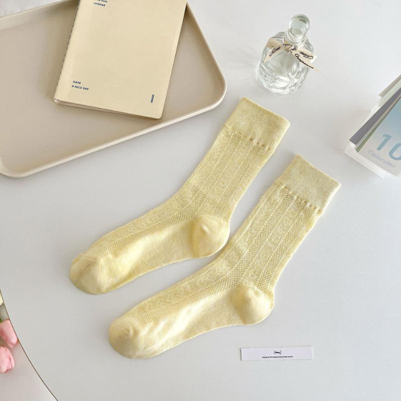 Female Summer Thin Pure Color Hollow Mesh Breathable In The Tube Pile Pile Cotton Socks