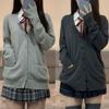 Grå College Tröja Ytterkläder Kofta JK Uniform Höst Vinter Japansk Enfärgad V-ringad Knappar Ficka Lös Tunn Långärmad Stickad