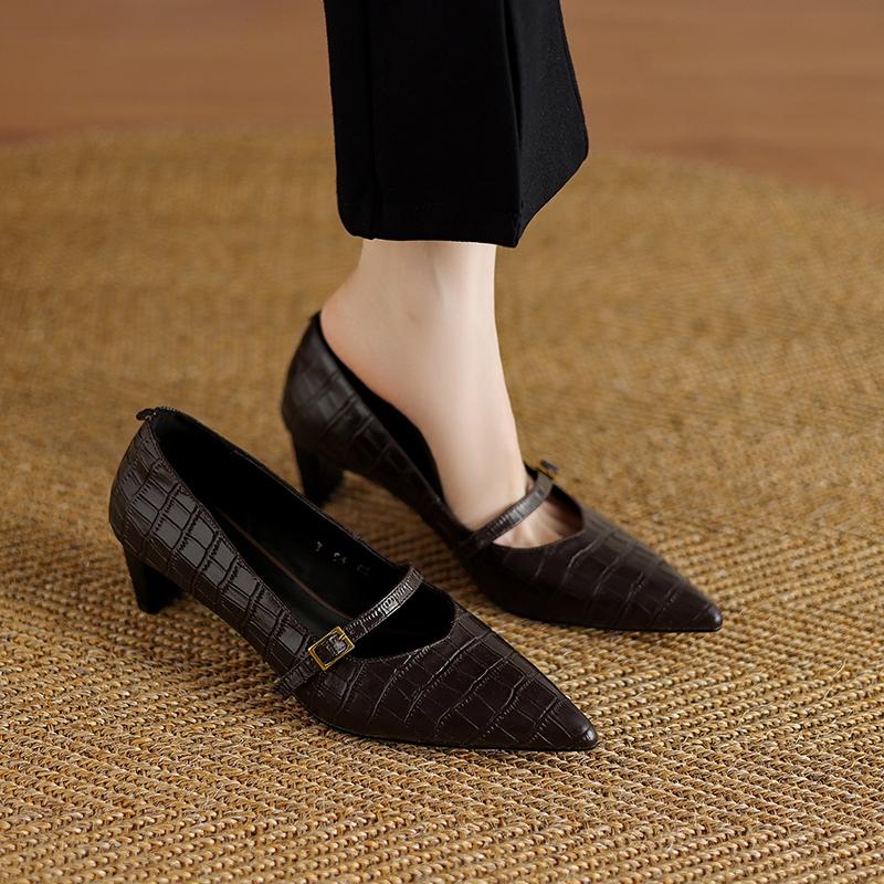 Fashion Women's New Four Seasons Genuine Leather Printed Cowhide Pointed High Heels Retro Belt Buckle Mary Jane Shoes Work Single Shoes