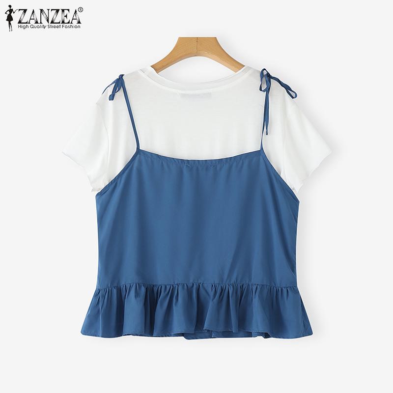 ZANZEA Women Casual Fake Two Piece Patchwork Short Sleeve Blouse