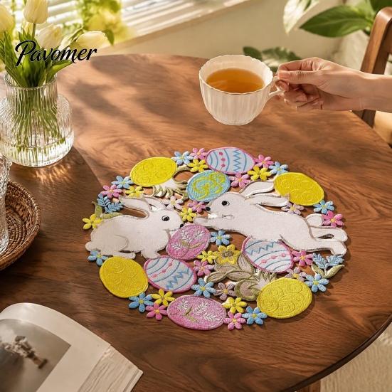 Decorative Mats for Dining Table Easter Rabbit Egg Placemat, Polyester Fiber Mat, Non Cartoon Bunny Desktop Decor Slip Hollow Tableware Mat