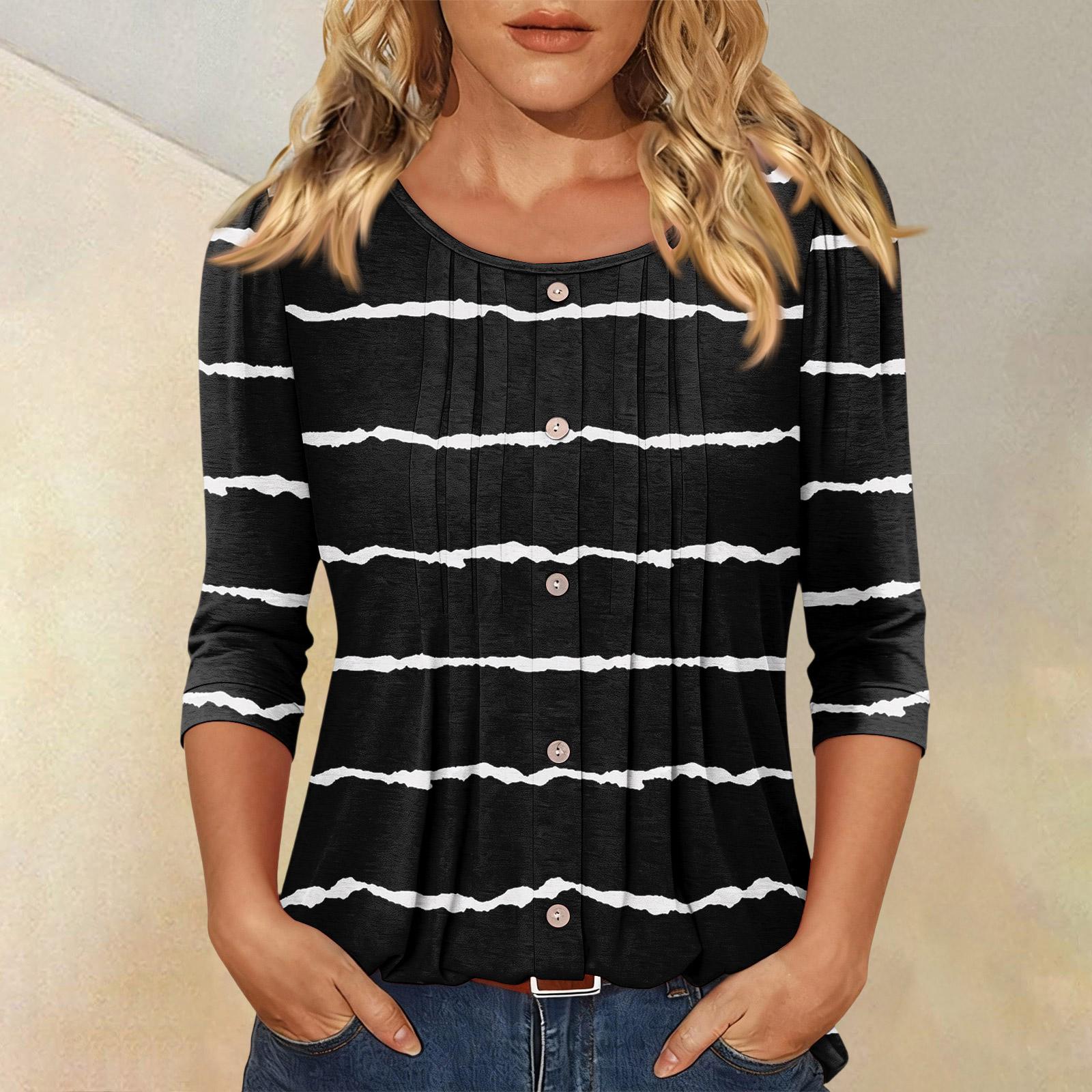 Women s Fashionable Casual Three-quarter Sleeve Button Plaid Striped Print Round Neck Top L